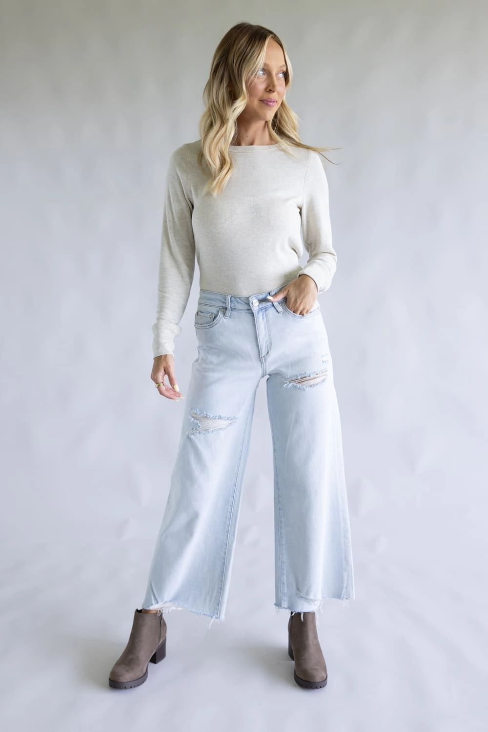 Mica High Rise Light Wash Wide Leg Fray Hem Jeans for Women | MDP-W3523 Always Ready