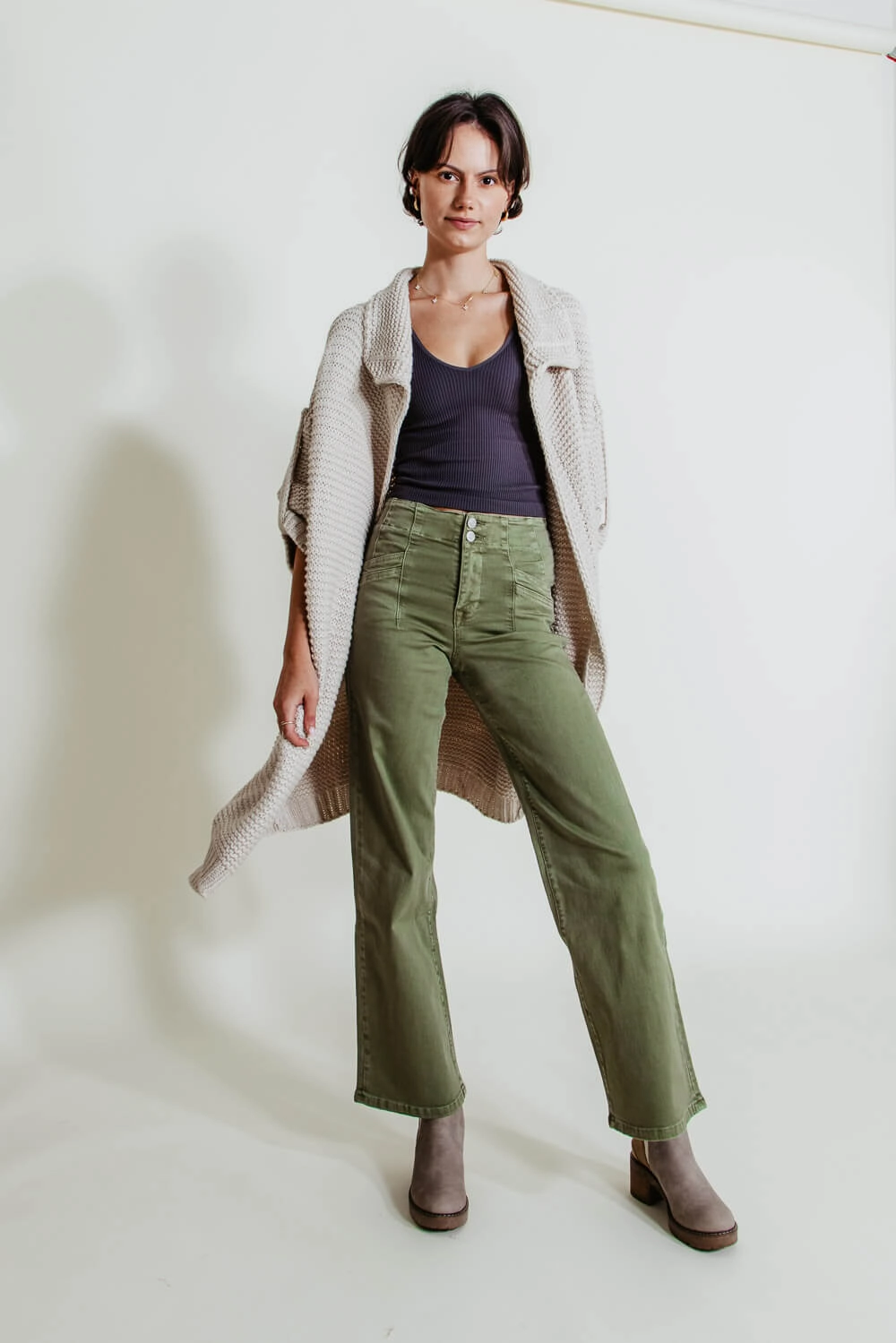 Brunch Outfit Traveler Gear Mica High Rise Wide Leg Jeans for Women in Olive | MDP-W506OL