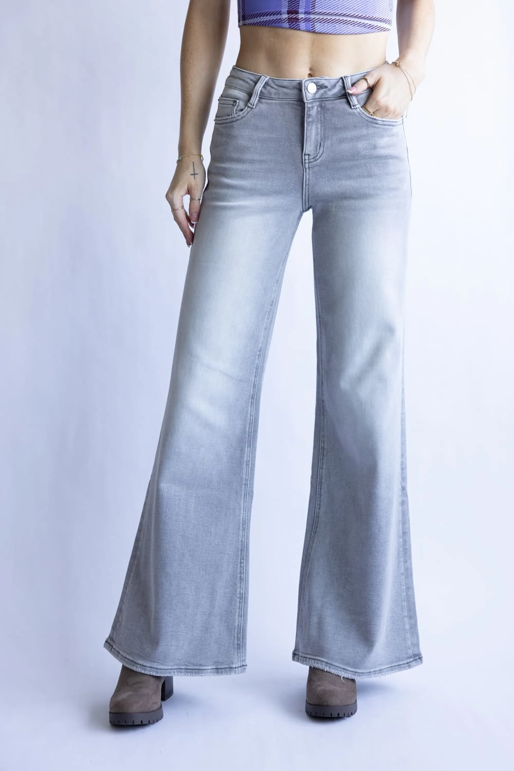 Mica Mid-Rise Vintage Wide Leg Jeans for Women in Grey | MDP-W3541 Weighted Hemline