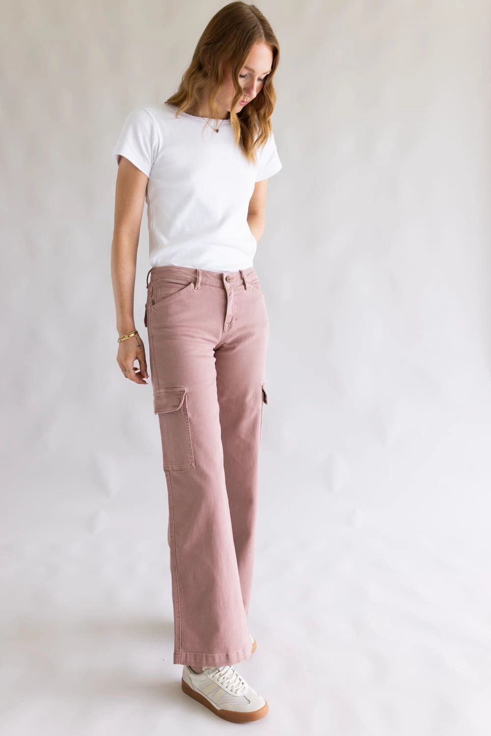 Mica Mid Rise Wide Leg Cargo Jeans for Women in Mauve | MDP-W551PL Anti Static Material Blend All weather
