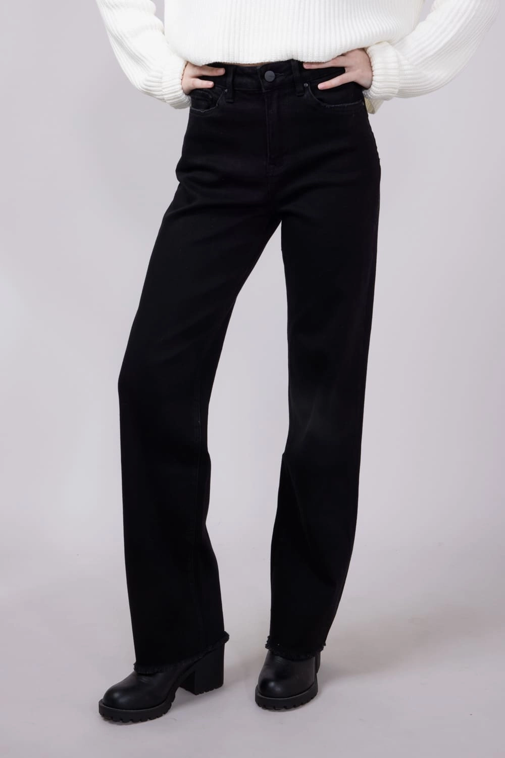 Stylish Vibes Soft Touch Mica Slim Wide Leg Raw Hem Jeans for Women in Black | MDP-W3251BK