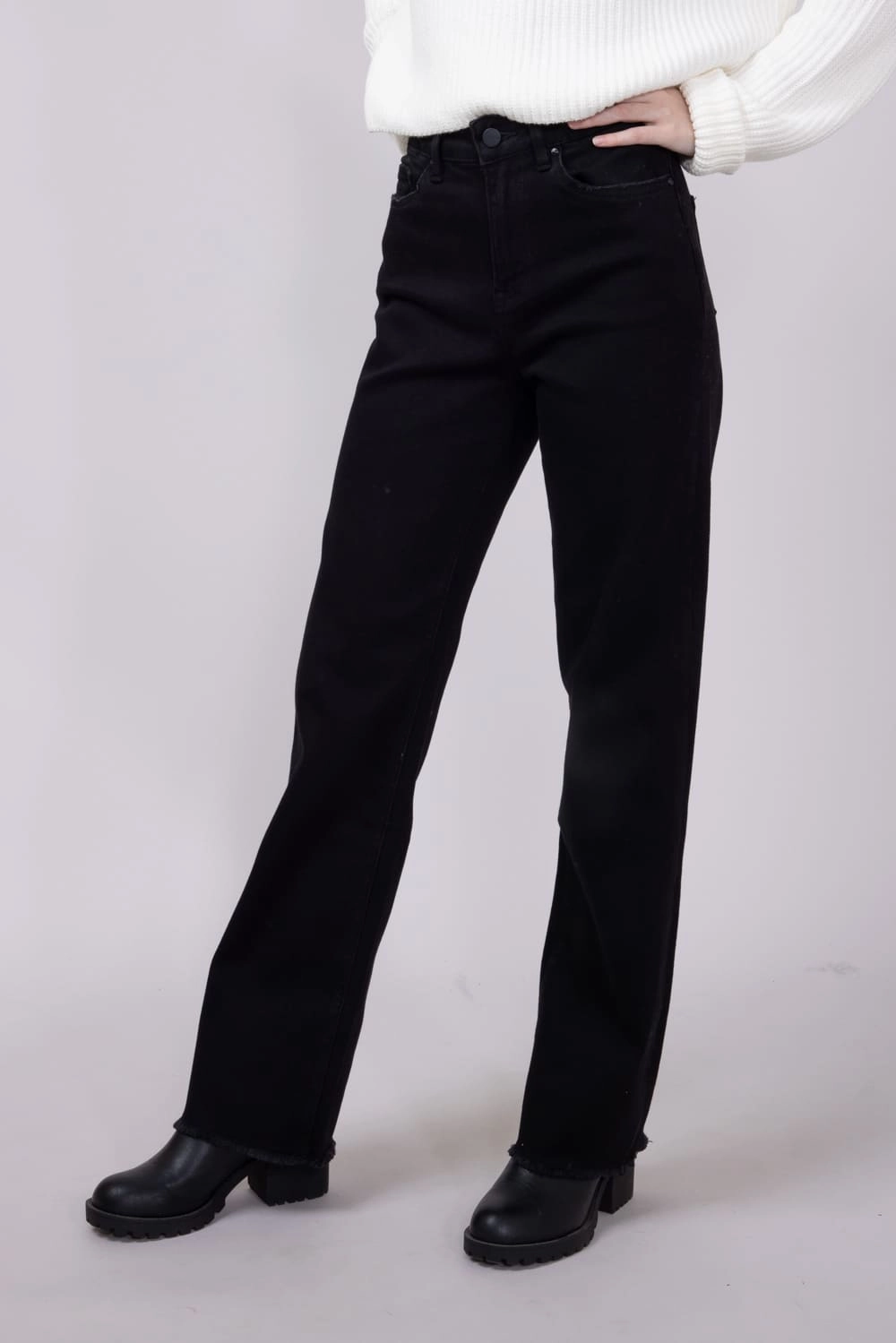 Multi Layer Knee Reinforcement Mica Slim Wide Leg Raw Hem Jeans for Women in Black | MDP-W3251BK