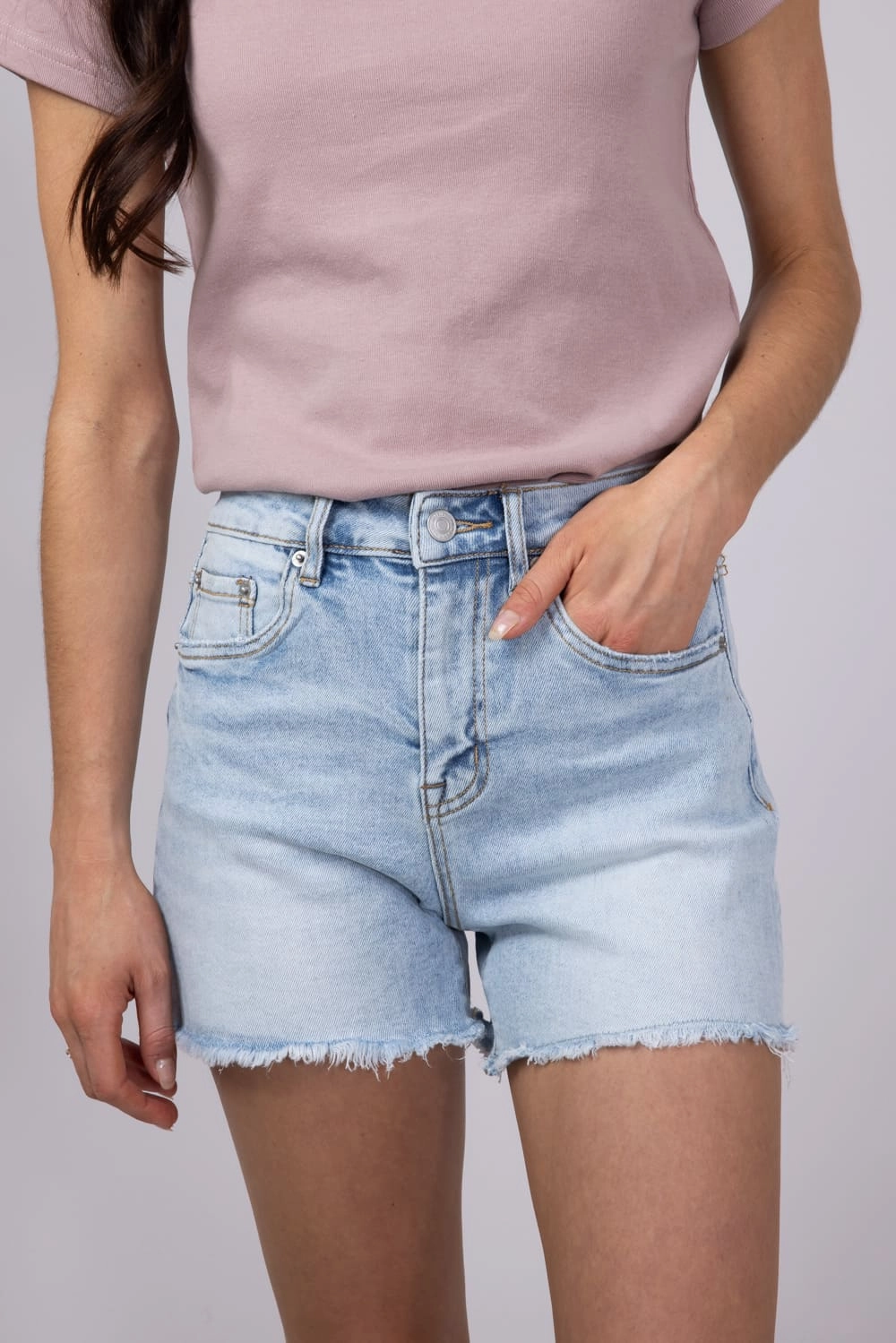 Quick Fit Design Double Layered Knees Mica Super High Rise Frayed Hem Denim Shorts for Women | MDP-H3434