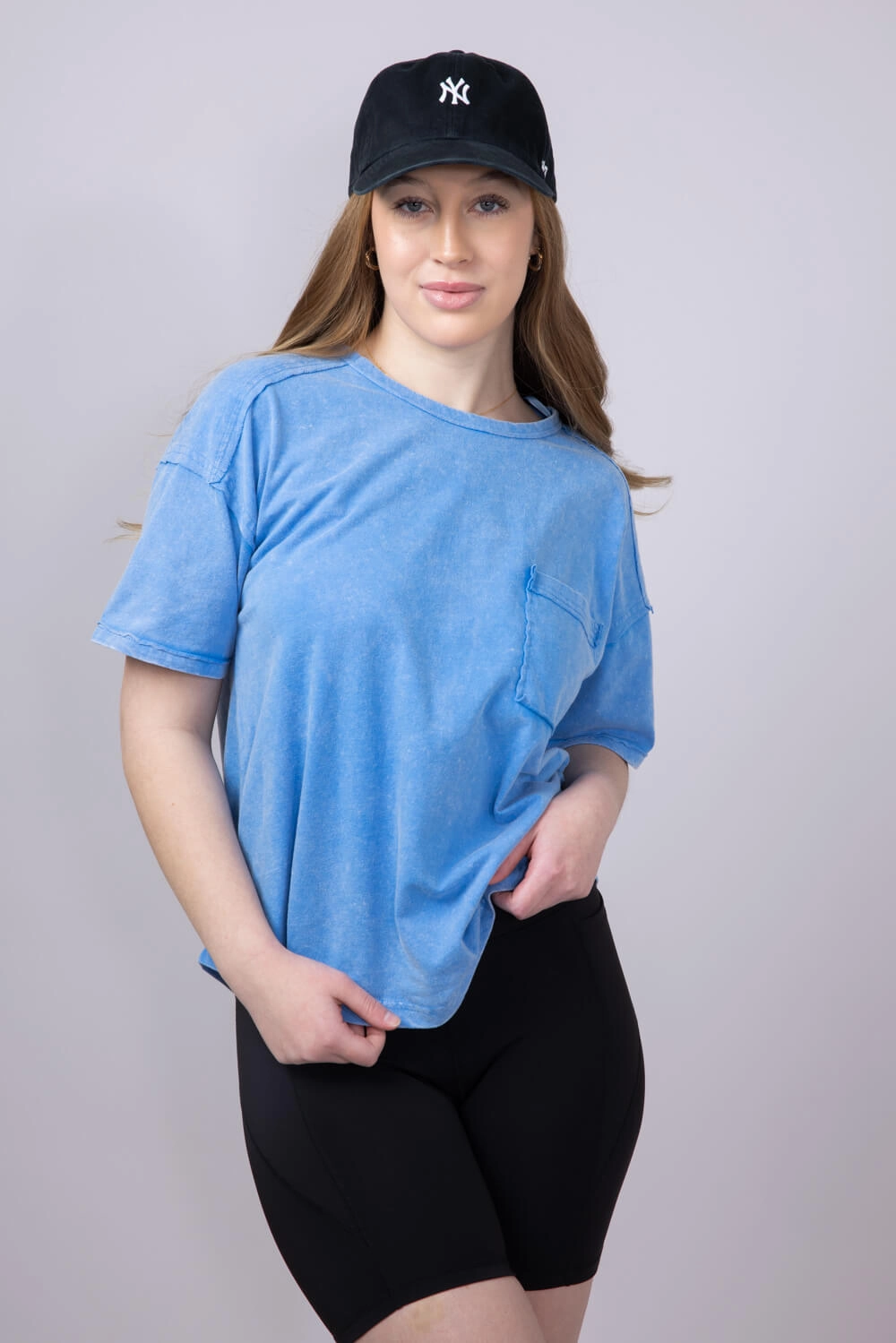 Casual Look Mineral Wash Pocket T-Shirt for Women in Blue | NT11108-BLUE