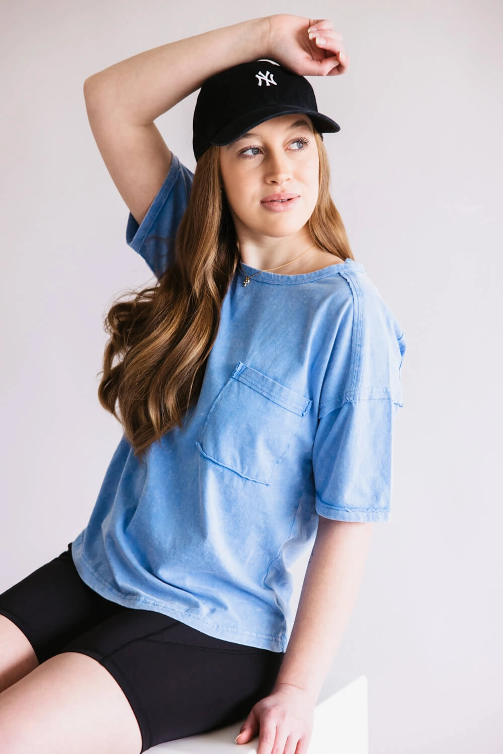 Perfect Layer Wear Mineral Wash Pocket T-Shirt for Women in Blue | NT11108-BLUE