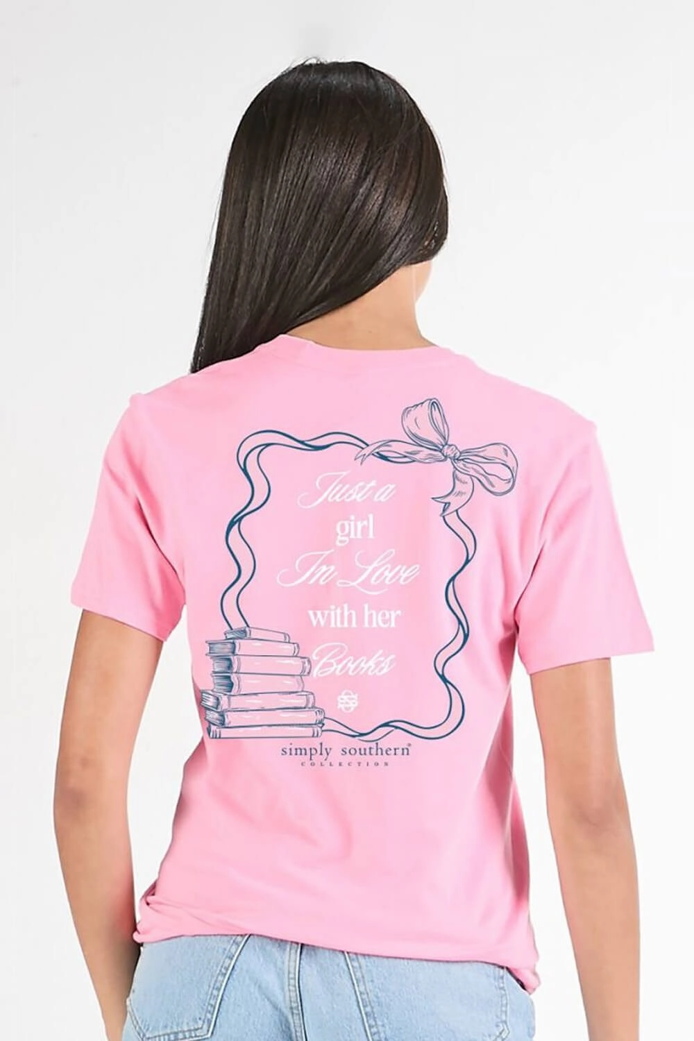 Chilly Comfort Wear Effortless Comfort Design Simply Southern Just A Girl T-Shirt for Women in Pink | SS-BOOKLOVE-WSHPNK