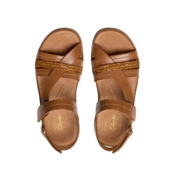 Clarks Women's Cecily Strap Leather Wide Tan Combo Easy on Slip Resistant Tread Pattern