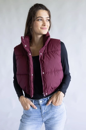 RibbedTrims Multi pockets Moisture Wicking Liner Love Tree Cropped Puffer Vest for Women in Burgundy | 5137VN-BURGUNDY