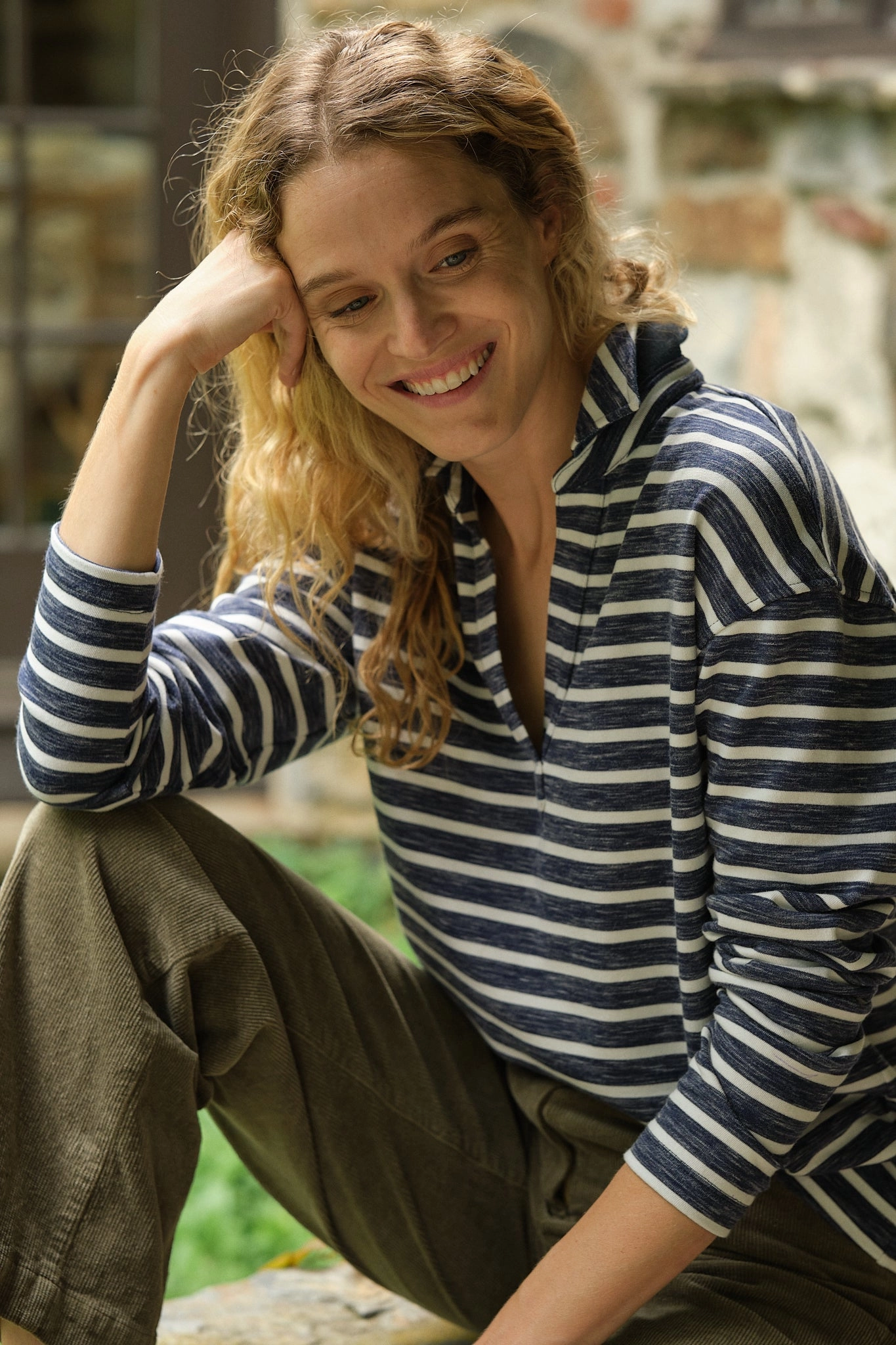 Inlet Pullover in Heather Indigo/Cream Loopback Terry DoubleStitchedSeams High Neckline Structure