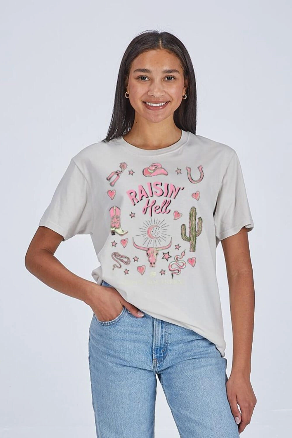 AntiStatic Properties Simply Southern Raisin?? Hell T-Shirt for Women in Washed Grey | SS-RSN-WSHSHDW