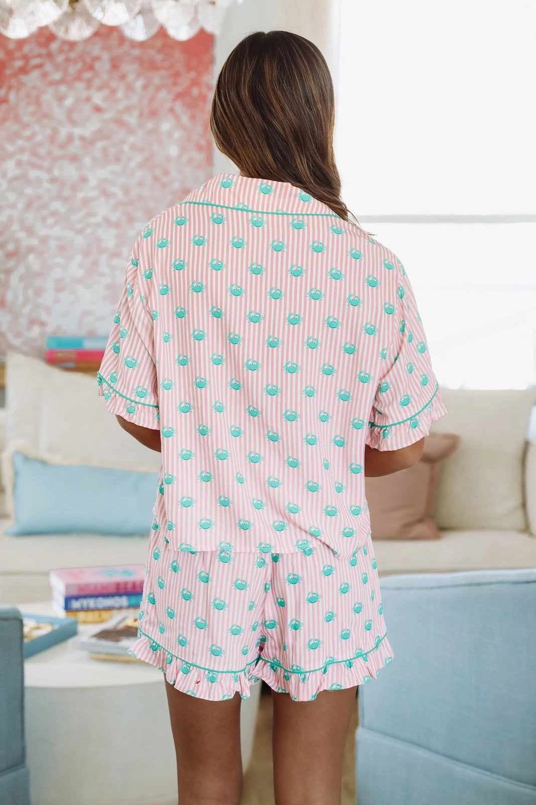 Crab Boil Short and Top Set - Pink and Green Tencel Blend Fabric Stylish Tank