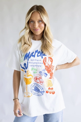 Cozy Look Wear Beaded details Le Marche Picnic Graphic T-Shirt for Women in Cream | H6955TK-CREAM