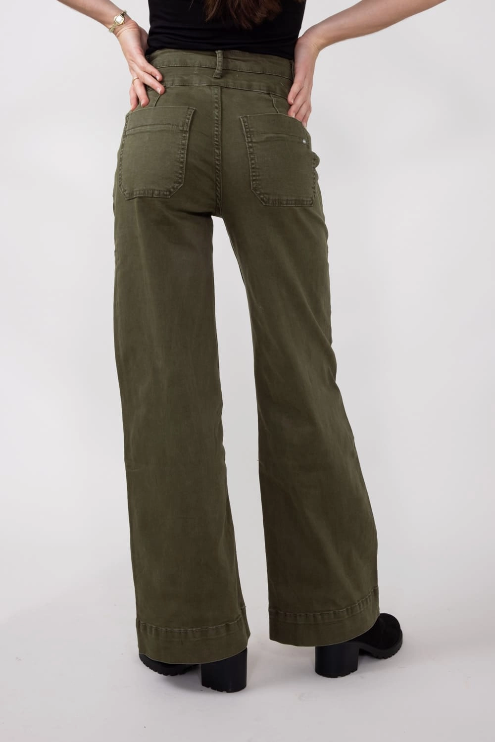Road Trip Affordable Mica Super High Waisted with Double Waistband Wide Leg Pants for Women in Fern Green | MDP-W3209FG
