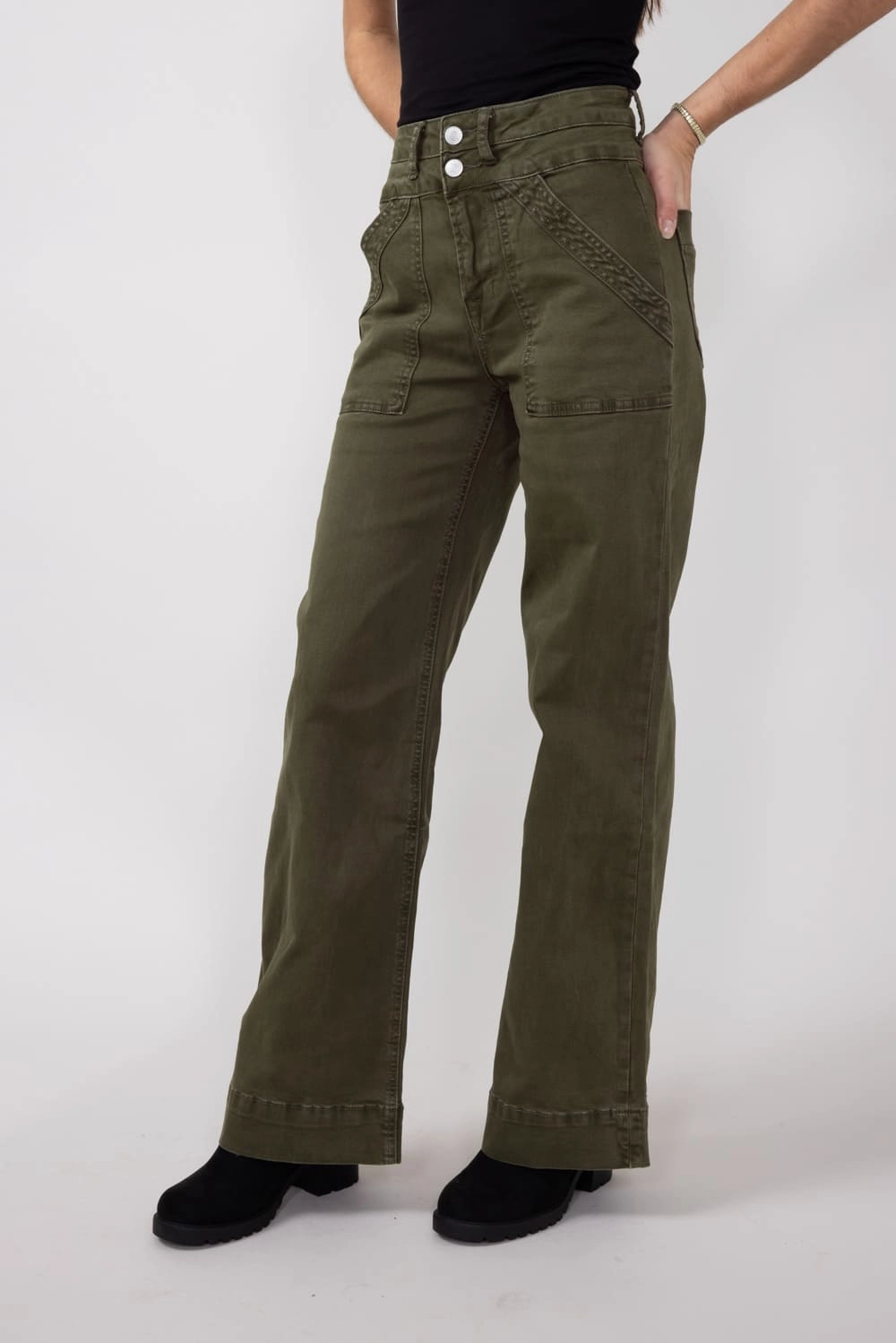 Mica Super High Waisted with Double Waistband Wide Leg Pants for Women in Fern Green | MDP-W3209FG Chill Friendly