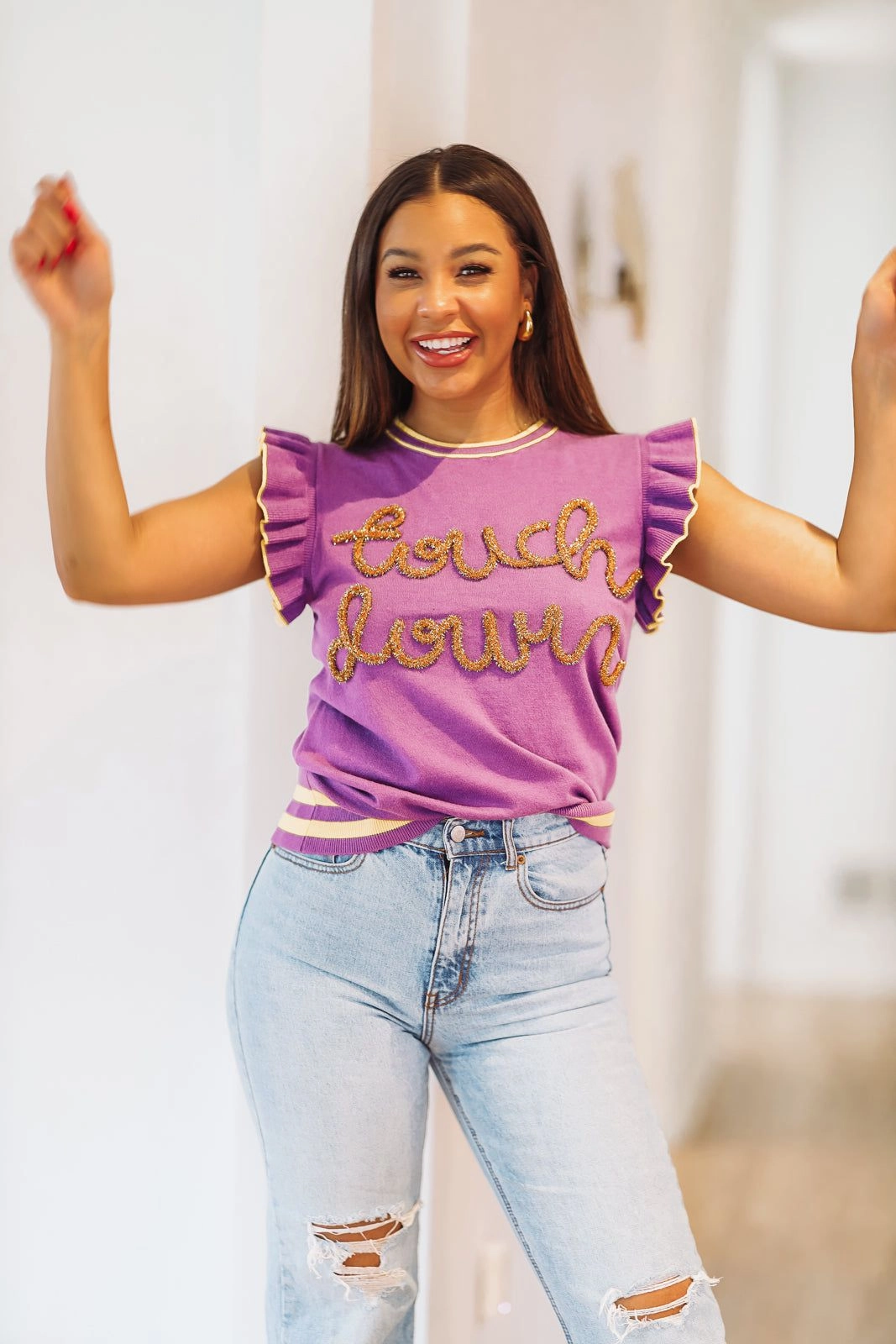 Touchdown Tinsel Sweater - Purple and Yellow Gold Bonded Seam Durability ContouredPanels