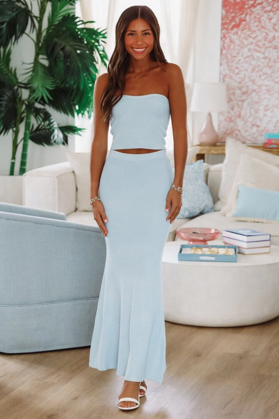 Summer Of Me Crop Top and Maxi Skirt Two Piece Set - Light Blue Drawstring closure
