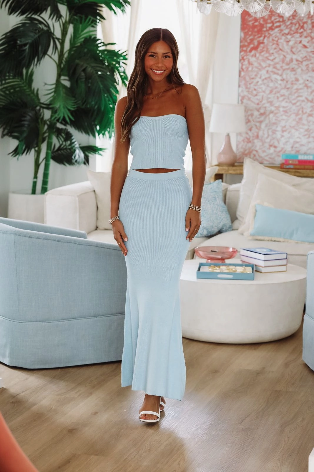 Double Chest Pocket Reinforced Seams Summer Of Me Crop Top and Maxi Skirt Two Piece Set - Light Blue