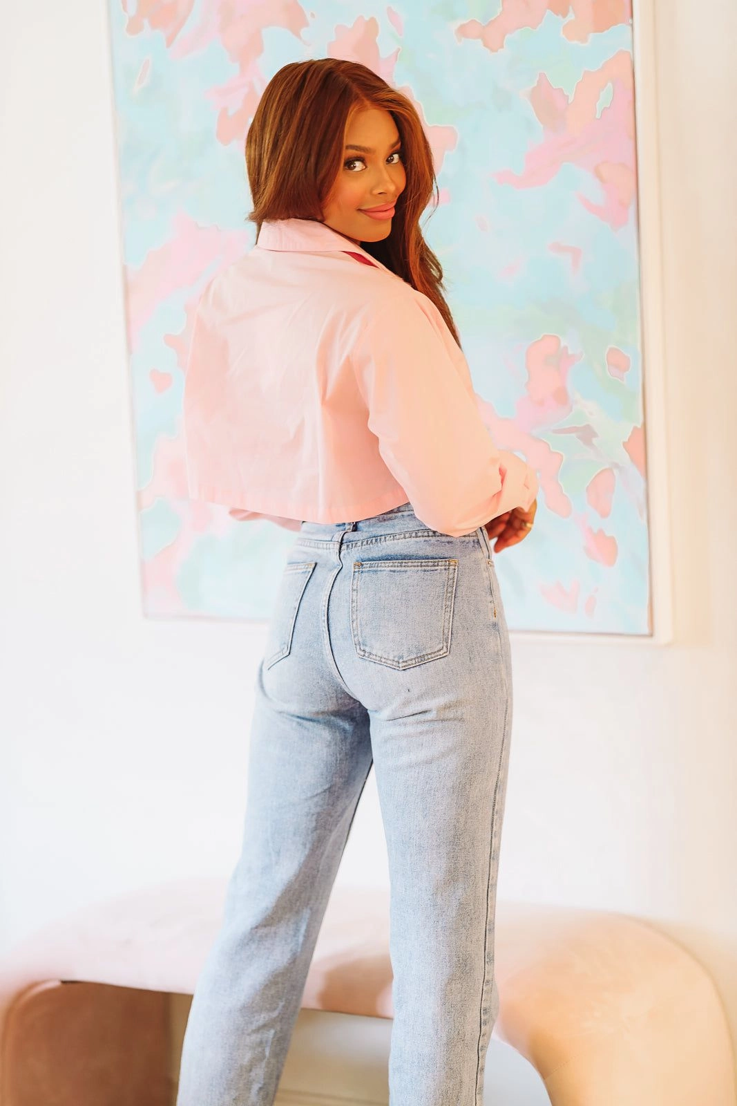 Crop Button Down Classic Shirt - Light Pink (FINAL SALE) Bound Seam Edges HighElasticity