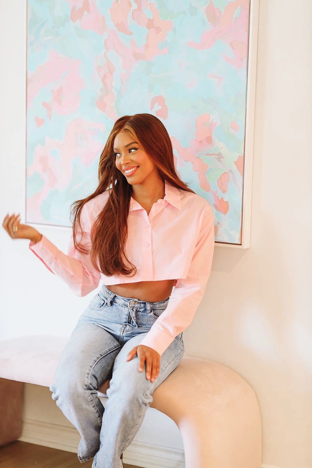 Flatlock Seams Crop Button Down Classic Shirt - Light Pink (FINAL SALE)