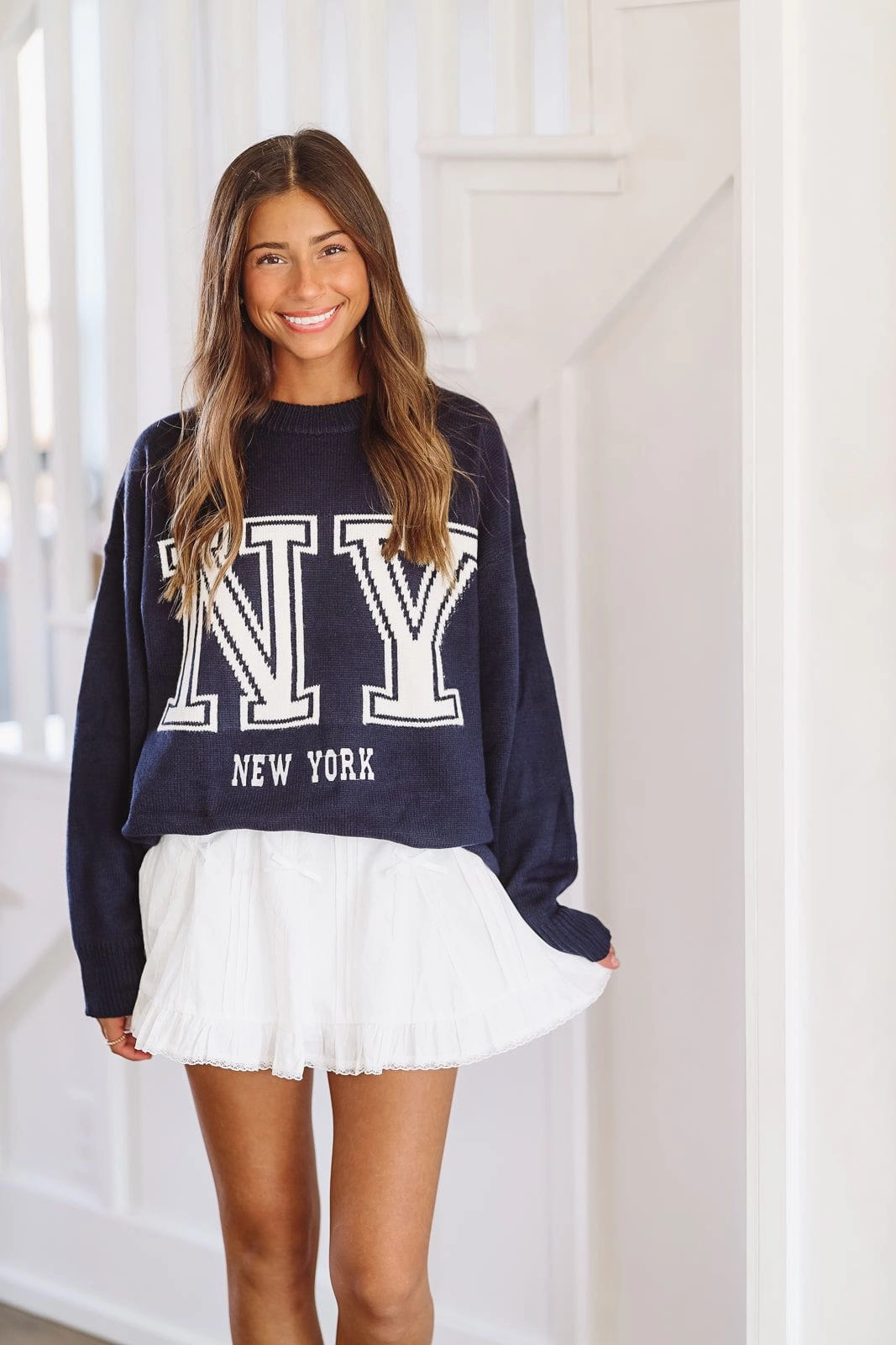 ReflectiveTrimDetails Easy Wear NY Bound Sweater - Navy