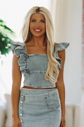 Stylish Jacket On Another Level Crop Top - Denim