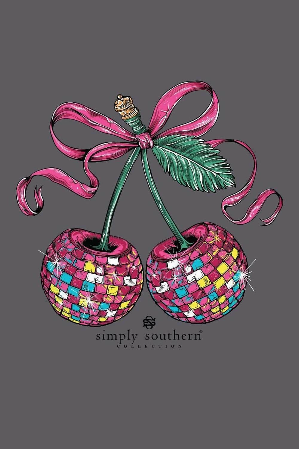 Stone Wash Process High-End Quality Simply Southern Disco Cherries T-Shirt for Women in Washed Coal | SS-CHERRY-WSHCOAL