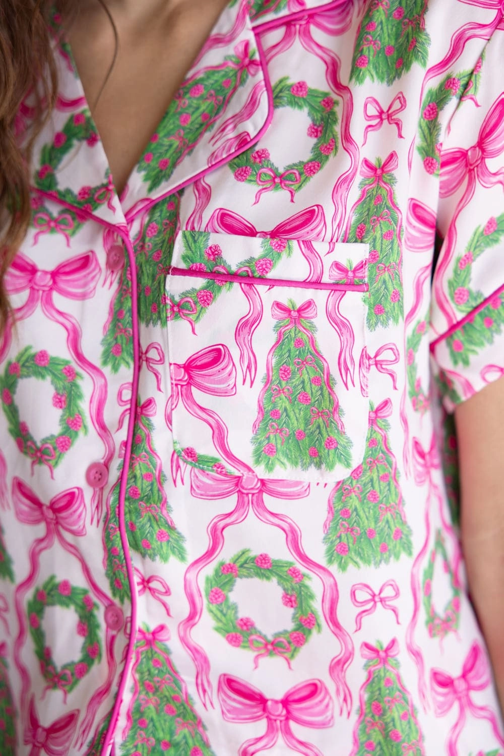 Simply Southern Holiday Satin Pajama Set for Women in Pink | PP-0225-PJ-SET-SS-HLDY-GRNY Performance Look stretchy design