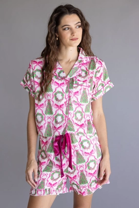 Simply Southern Holiday Satin Pajama Set for Women in Pink | PP-0225-PJ-SET-SS-HLDY-GRNY Temperature Regulating Material