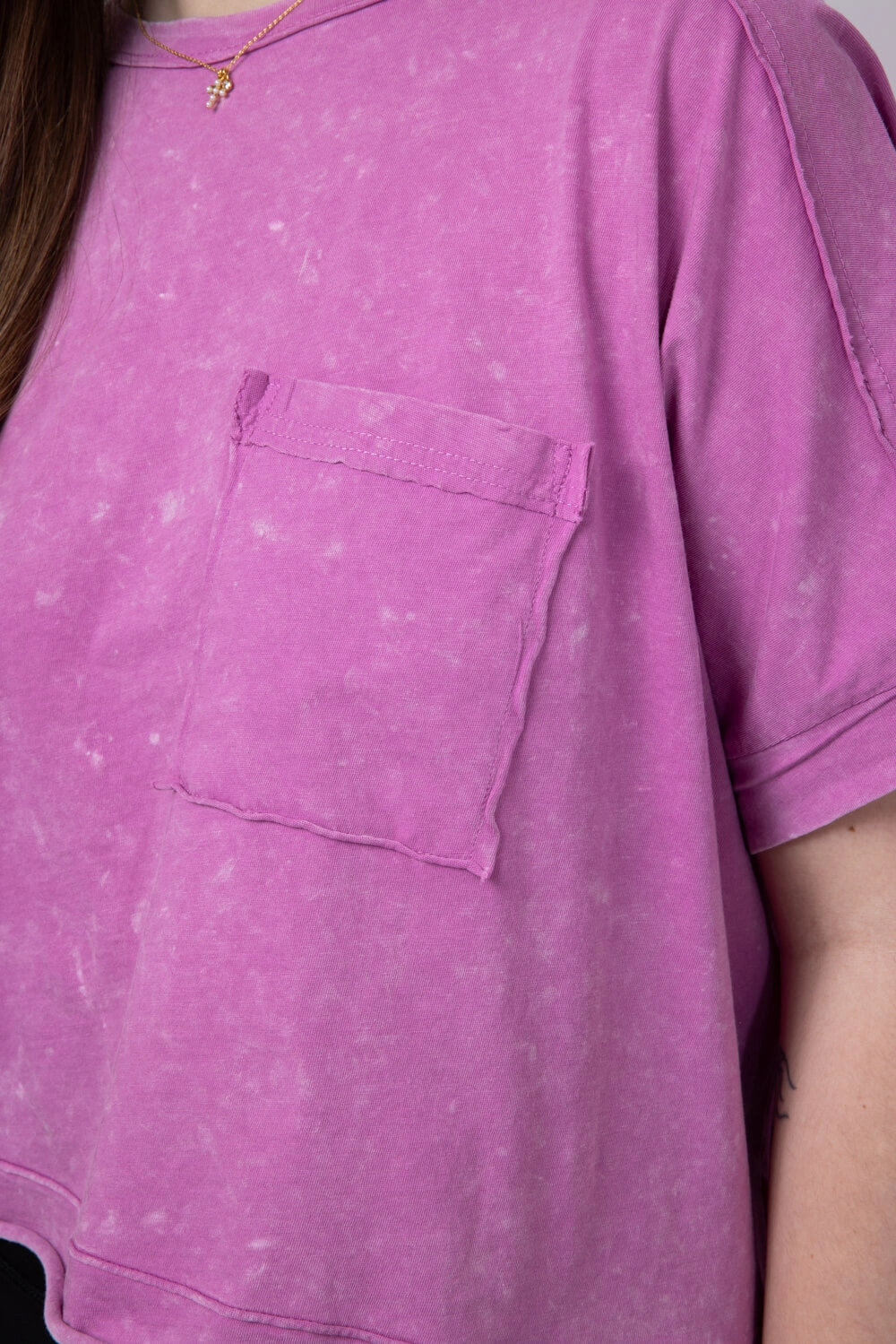 Cotton Blend Festival wear Oversized Cropped Mineral Wash Knit T-Shirt for Women in Orchid | NT11429-ORCHID