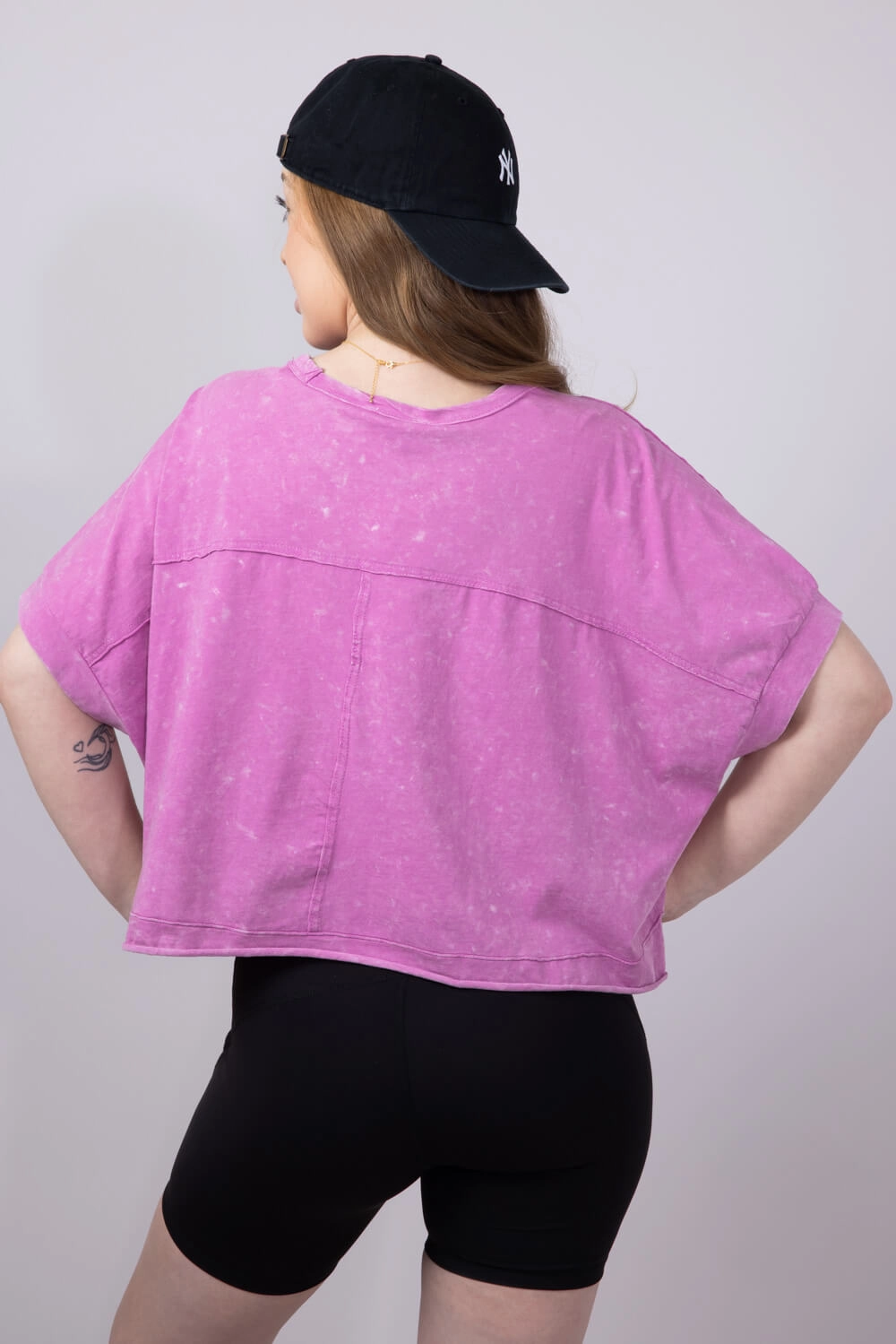 Cozy and Light Light and Breezy Oversized Cropped Mineral Wash Knit T-Shirt for Women in Orchid | NT11429-ORCHID