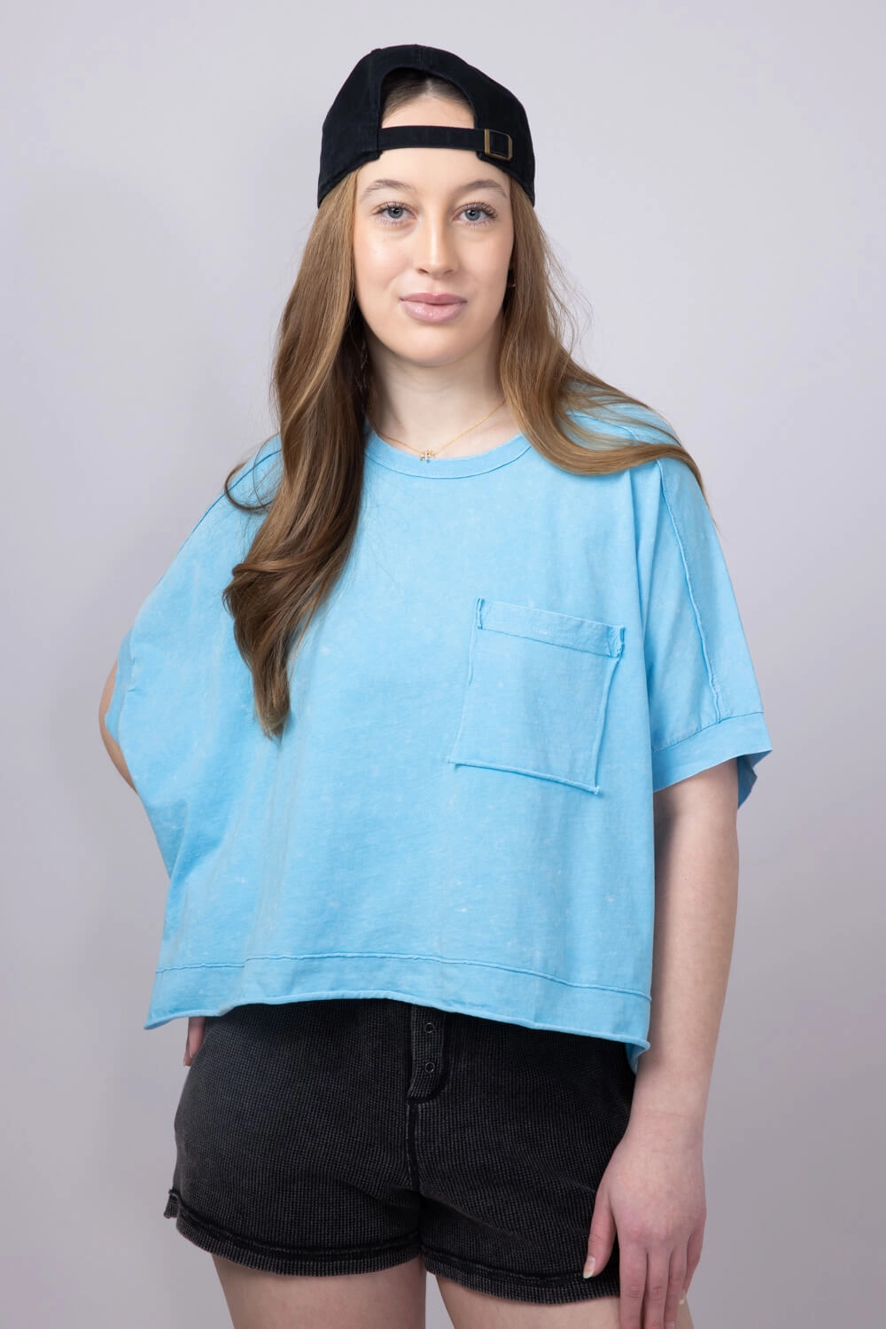 Oversized Cropped Mineral Wash Knit Top for Women in Aqua Blue | NT11429-AQUABLUE Outdoor Outfit Style Unisex