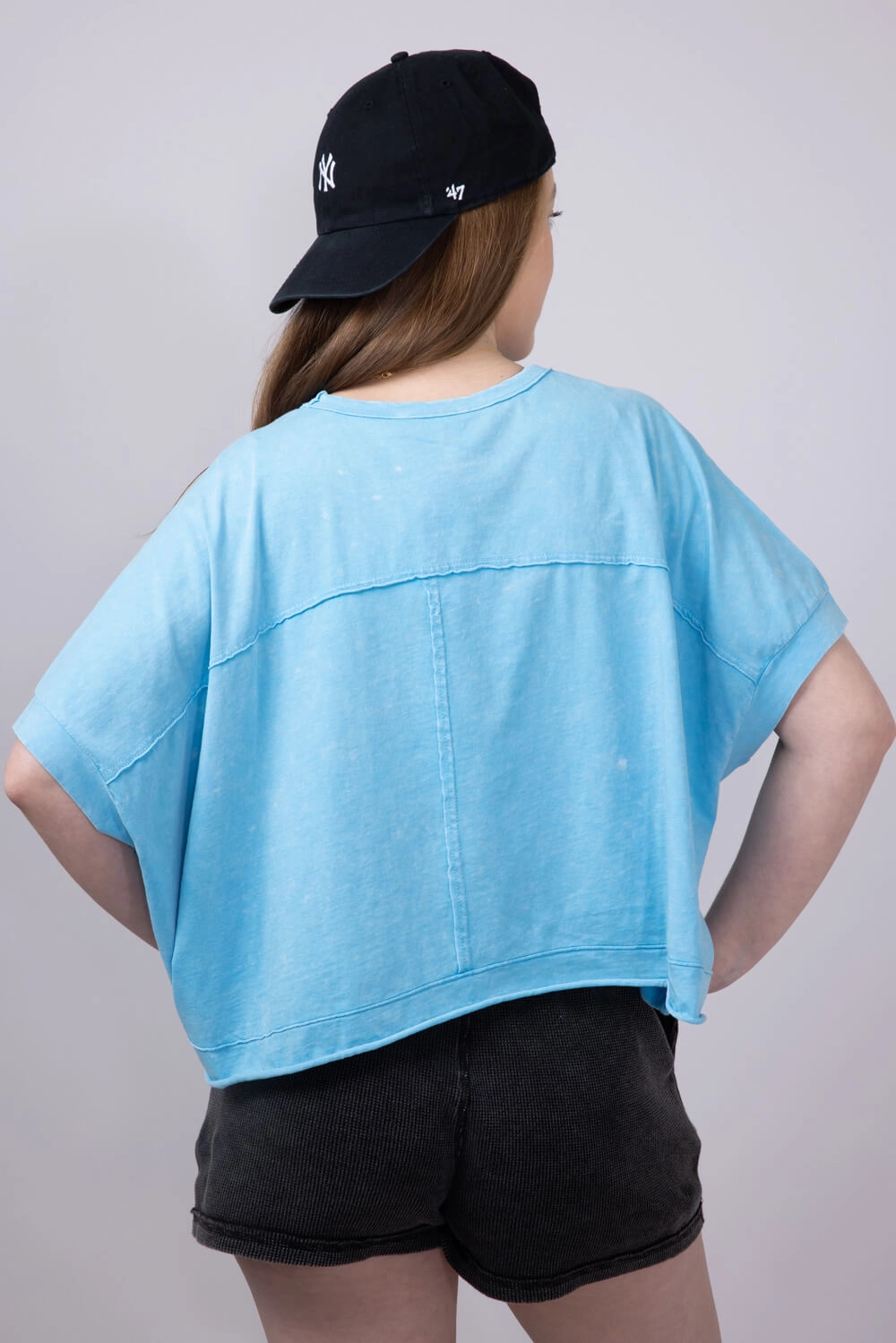 Oversized Cropped Mineral Wash Knit Top for Women in Aqua Blue | NT11429-AQUABLUE Relaxed Waistband