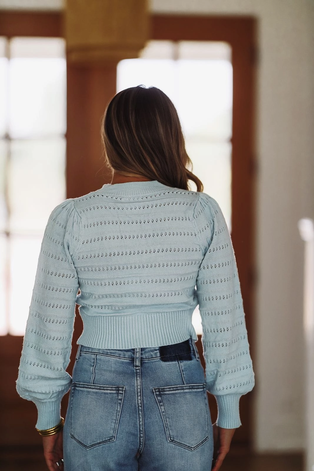 Sweet as Sugar Bow Sweater - Light Blue and Ivory Circular Knit Technology Multipanel Construction