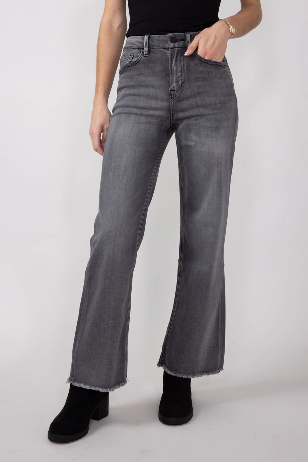Lightweight Denim Spring Mood Slim Mica Super High Rise Wide Leg Jeans for Women in Dark Grey | MDP-W3161