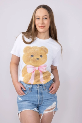 All-Purpose Wear Chilly Weather Style Teddy Bear Bow Graphic T-Shirt for Women in White | 32783X-TS-WHITE