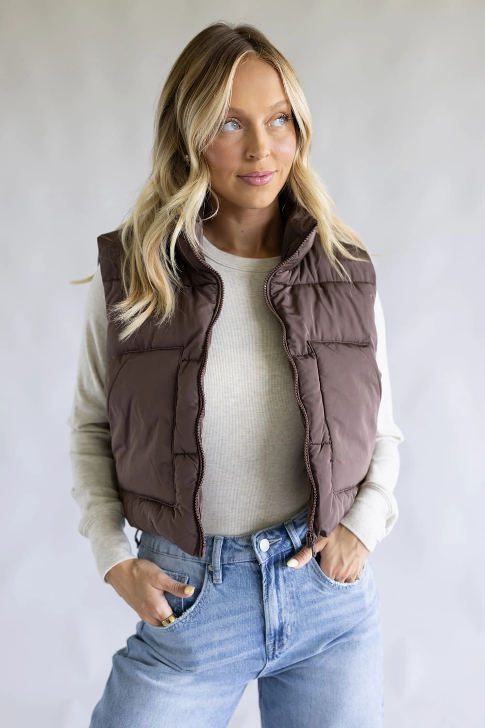 Abrasion Proof Shoulders Laser Cut Vents PunctureResistantLayer Love Tree Cropped Puffer Vest for Women in Espresso | 5073VM-ESPRESSO