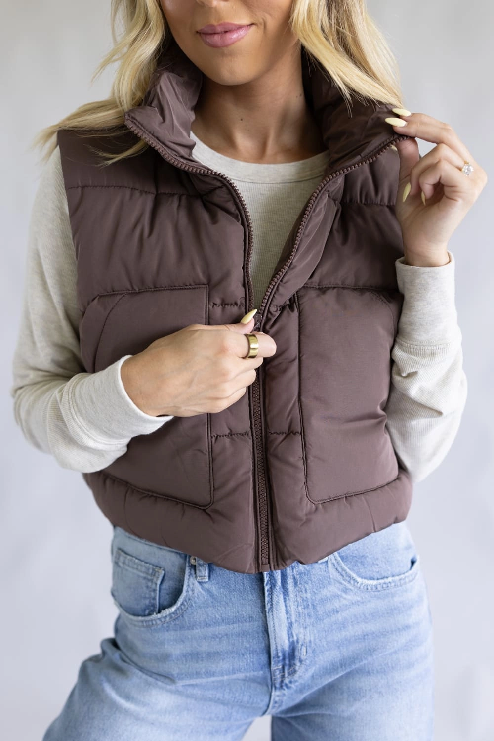 Kangaroo Pocket High Visibility Trim PunctureResistantLayer Love Tree Cropped Puffer Vest for Women in Espresso | 5073VM-ESPRESSO