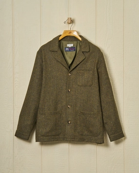 Hidden Pocket System Magnetic Closure Options Shetland Wool Loafer Jacket in Olive Herringbone