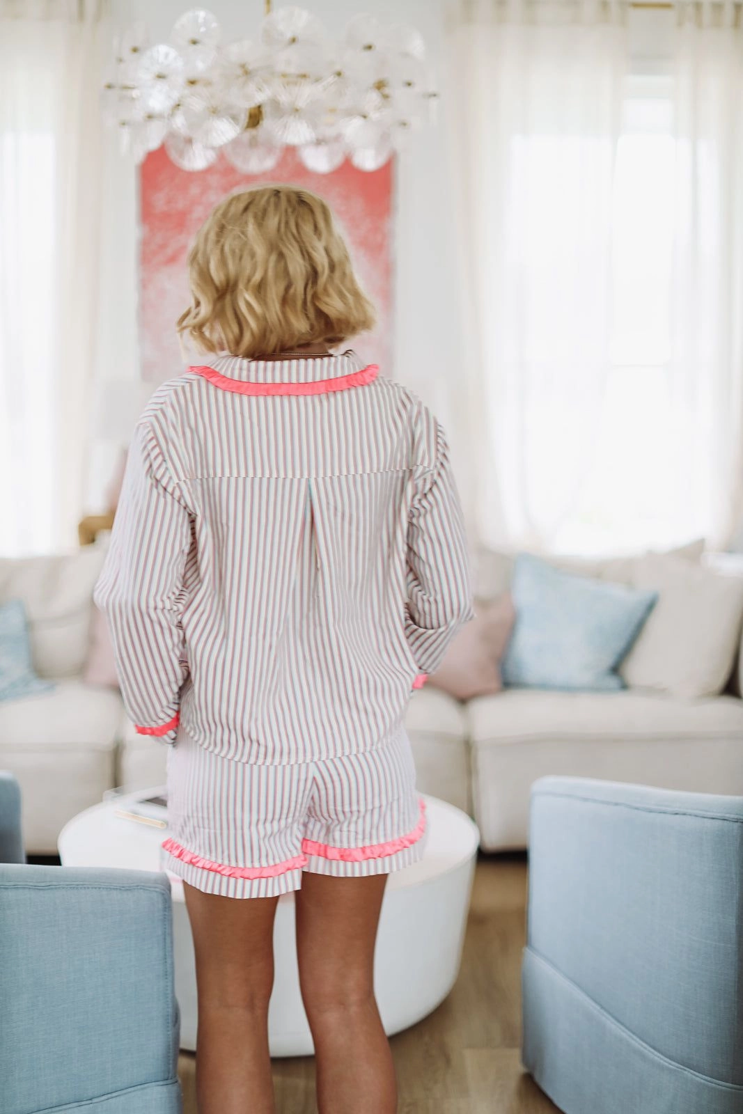 Sporty Top Hidden Storage Pockets Cutie in Stripes Short and Top Pajama Set - Pink Blue and White  (FINAL SALE)