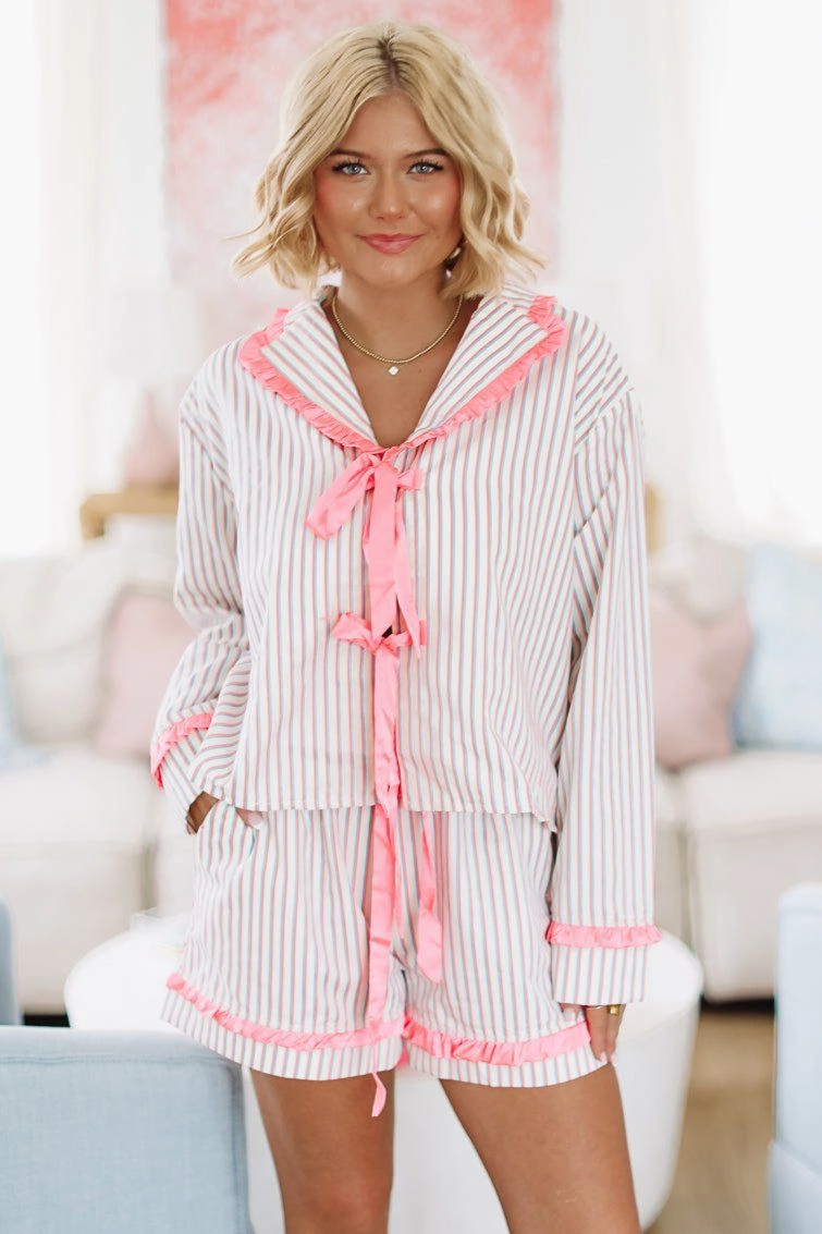 UV protection coating DoubleLayered Cutie in Stripes Short and Top Pajama Set - Pink Blue and White  (FINAL SALE)