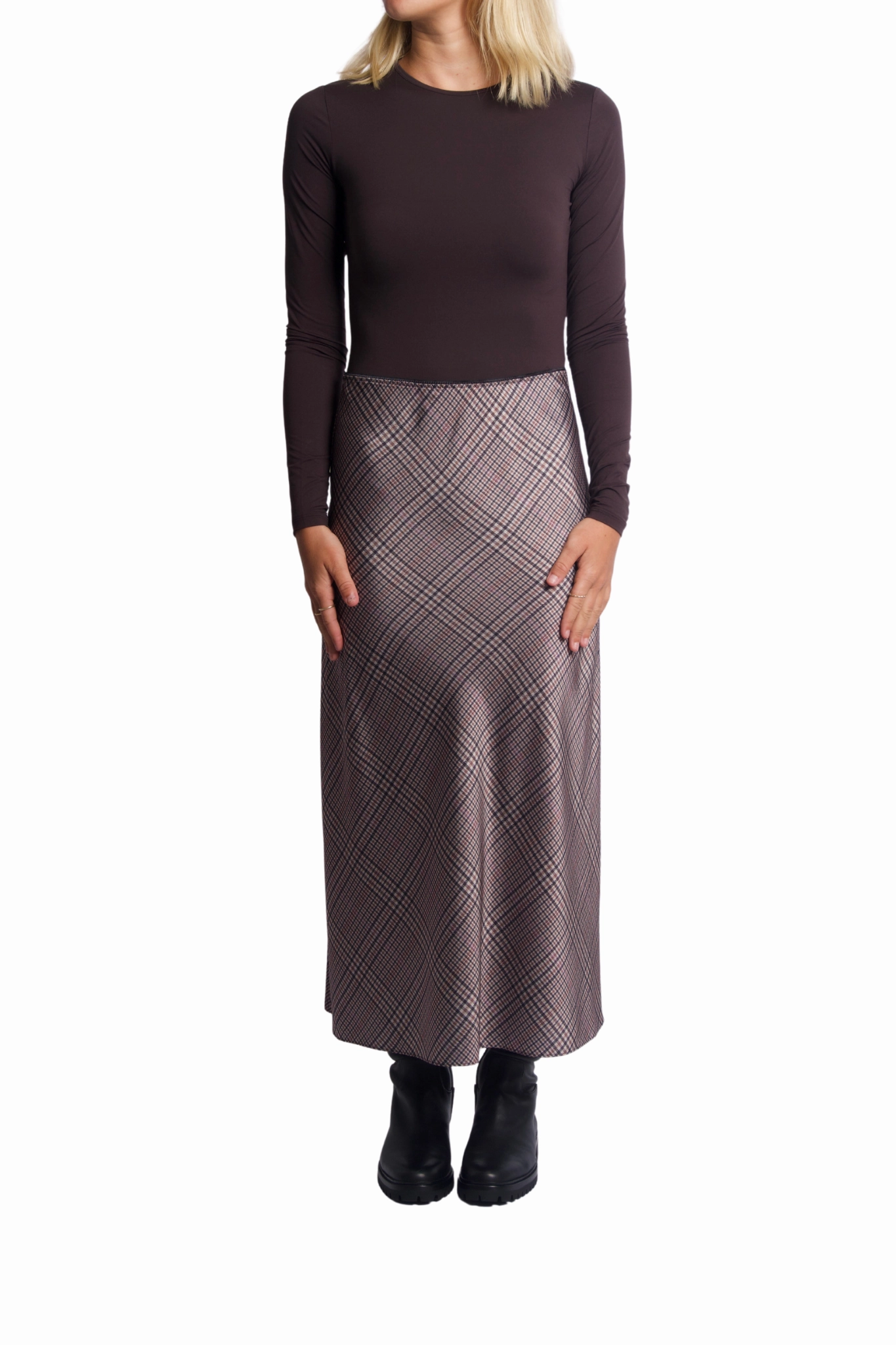 Hidden Zipper Pressed Plaid Slip Skirt