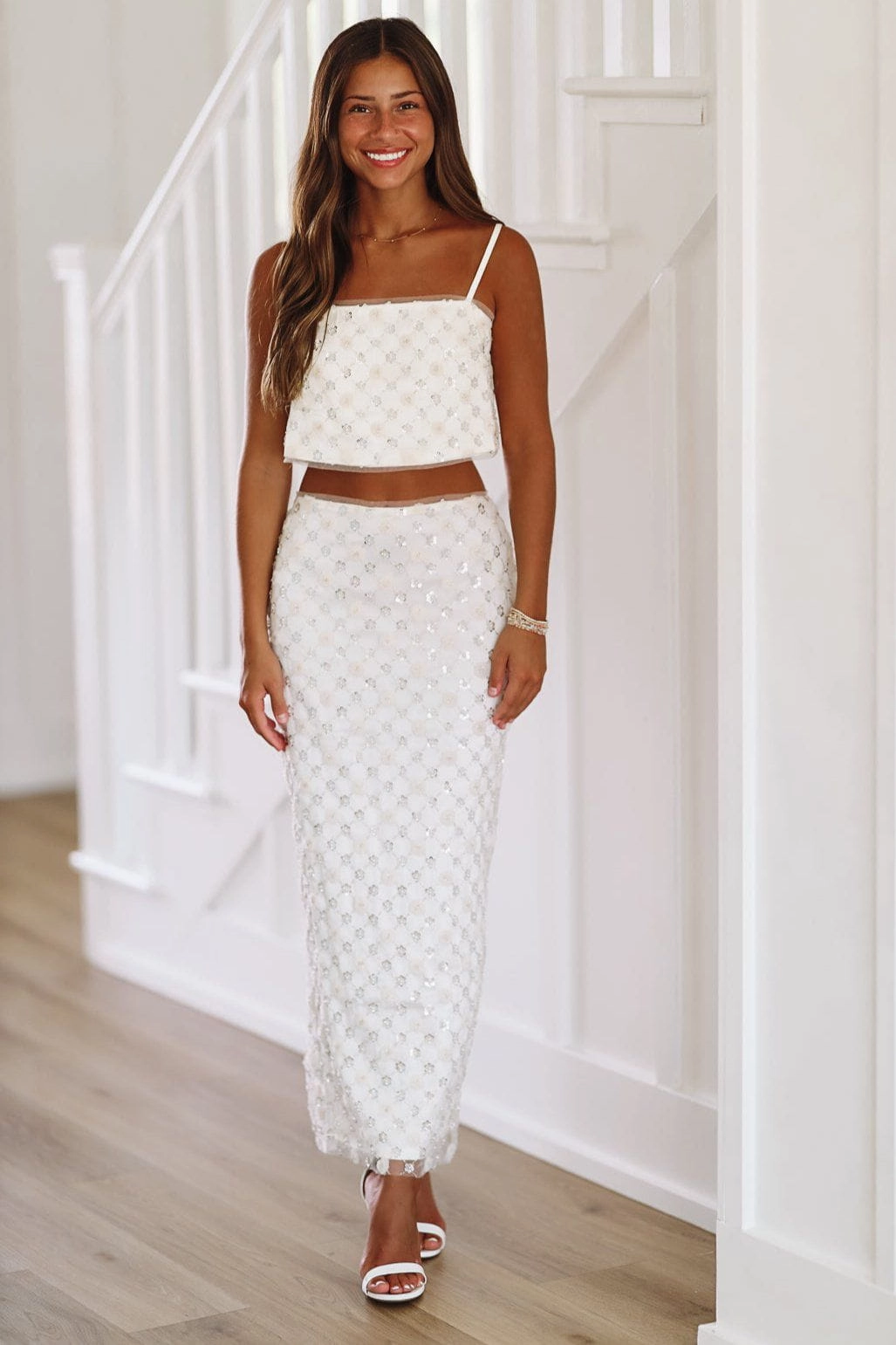 Floral Sparkle Crop Top and Midi Skirt Set - Cream Fashion Combo