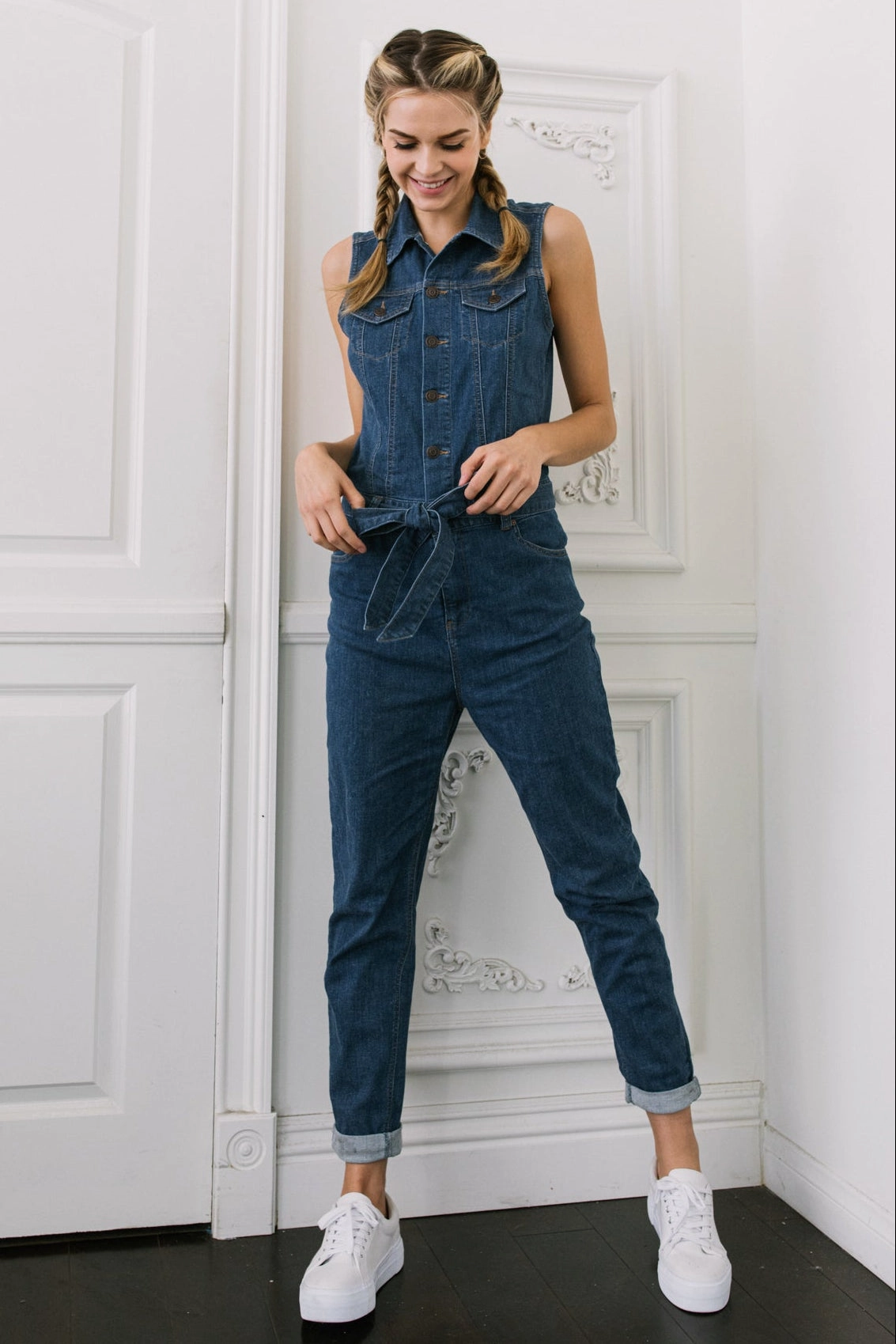 Breathable Material Three Layer Laminate Sleeveless Denim Jumpsuit