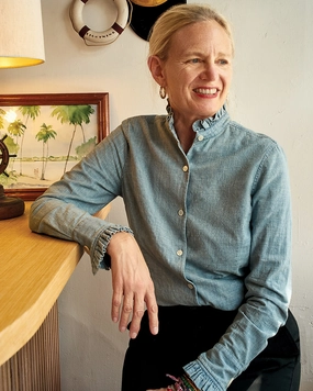 Sandwich Mesh Panel Structure Ruffle Shirt in Chambray