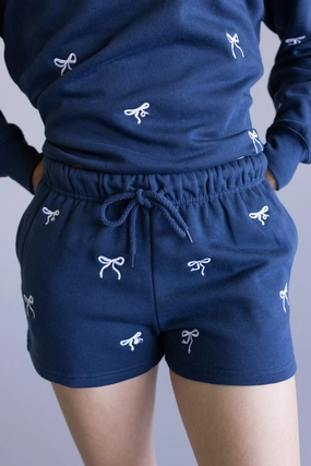 Travel Flex All Purpose Utility Fit 1897 Active Embroidered Bow Fleece Shorts for Women in Indigo Blue | H017-INDIGOBLUE