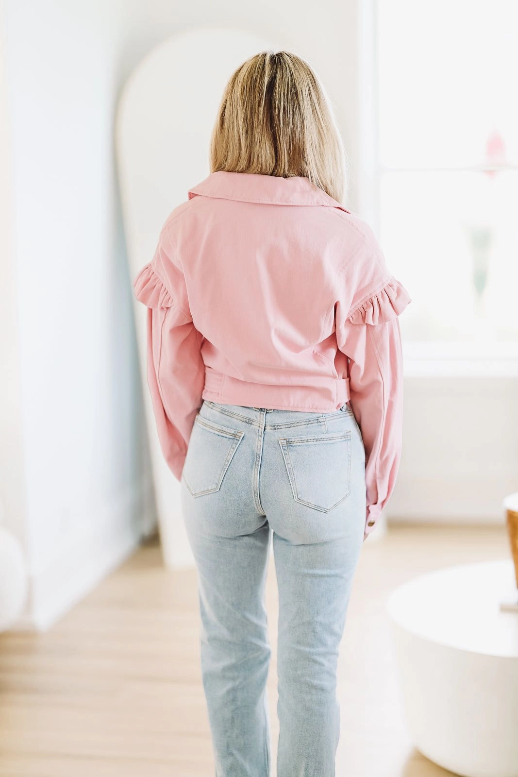 Ruffle Denim Jacket - Pink Classic Hoodie summer look