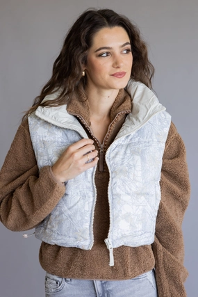 Retro Style Simply Southern Cropped Puffer Vest for Women in Camo White | PP-0225-VEST-PUFFR-CAMOWHT UV Protective