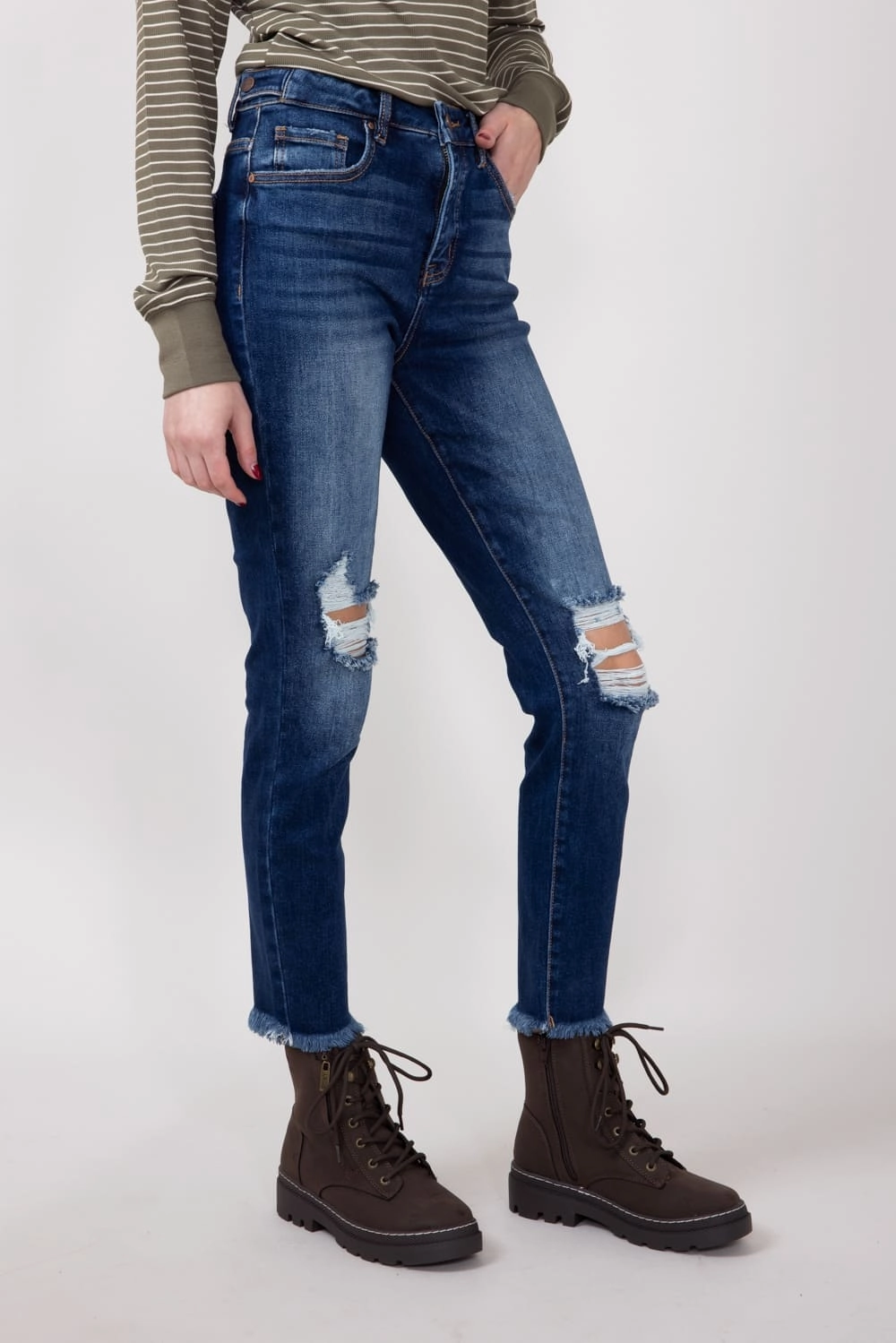 Risen Dark Wash High Rise Distressed Skinny Jeans for Women | RDP5899-DK Rainy Day Brunch Outfit