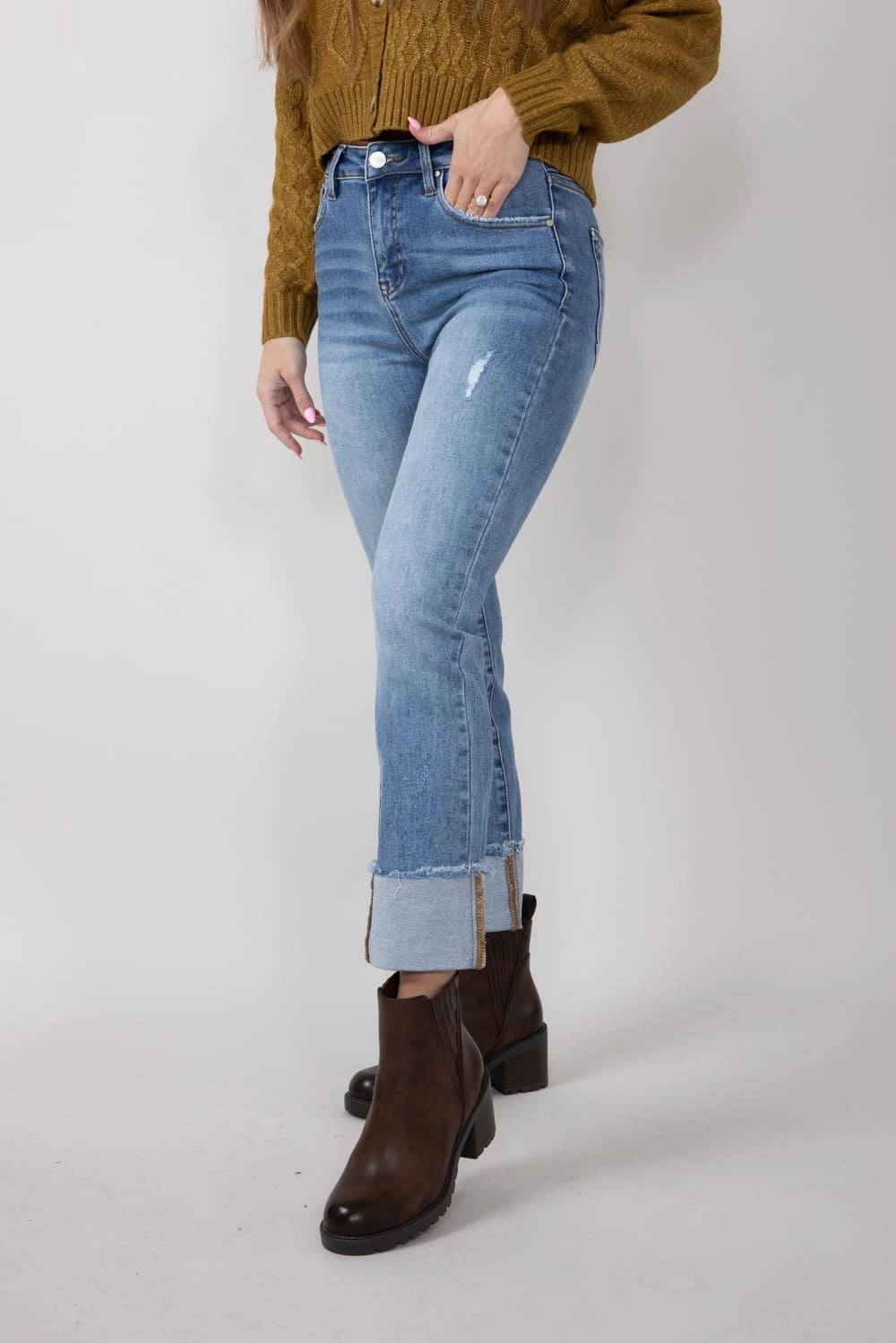 Risen High Rise Cuffed Straight Leg Jeans for Women | RDP1282CH-LT Style Upgrade