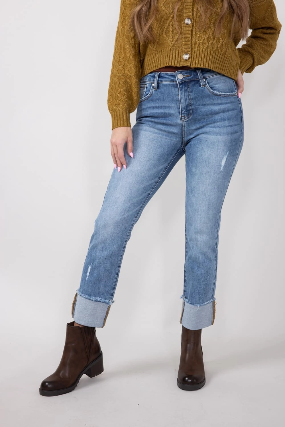 Dynamic Style Risen High Rise Cuffed Straight Leg Jeans for Women | RDP1282CH-LT